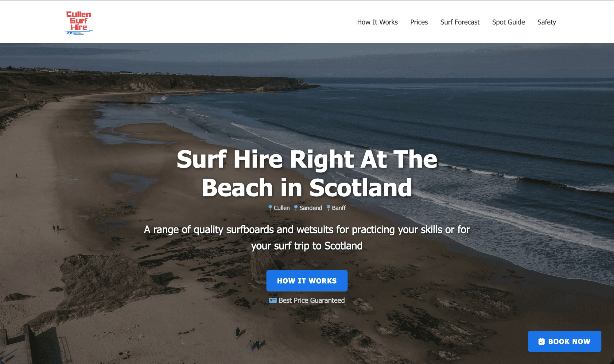 The Surf Hire Scotland website, built on Swellbase
